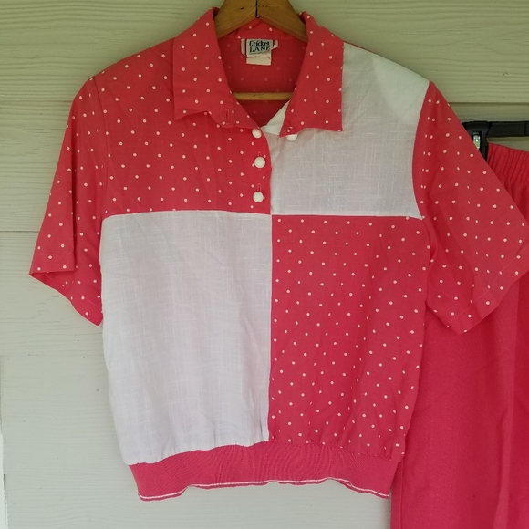 Vintage 80s Aesthetic 2 Piece Track/Walking Set Hot Pink White Polka Dots USA - Picture 5 of 16